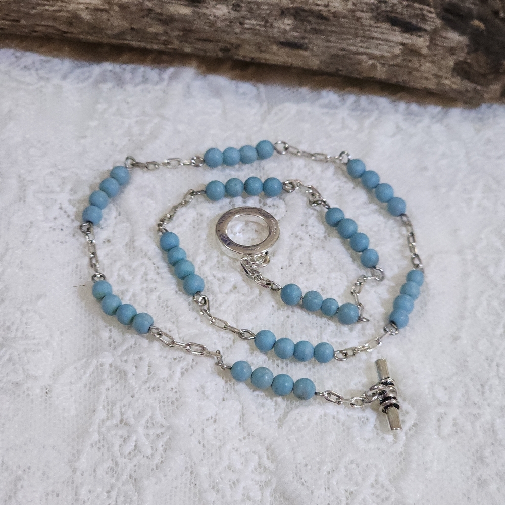 Silver Toned Choker Collar Necklace With Blue Stone Beads